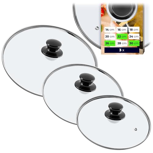 KADAX Lot de 3 couvercles en verre pour casserole et poêle Ø 22/26/30 cm, résistants à la chaleur, poignée noire, pour cuisiner et rôtir, contrôle visuel lors de la cuisson