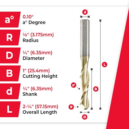 Image of Amana Tool Up Cut Spiral CNC Router Bits for 2D /3D Carving, ZrN Coated, 46294-S, 0.10 Deg Straight Angle Ball Tip 1 /4 D x 1 /8 R x 1 x 1 /4 Shk x 2 Fl