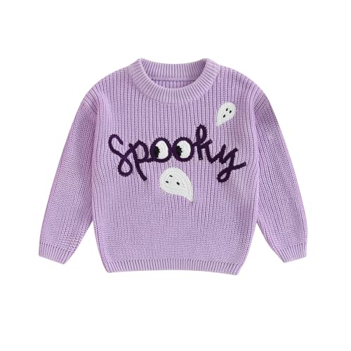Toddler Girl Ghost Halloween Sweater Embroidery Oversized Long Sleeve Crewneck Pullover Sweaters Baby Spooky Outfit (Purple, 6-12 Months)