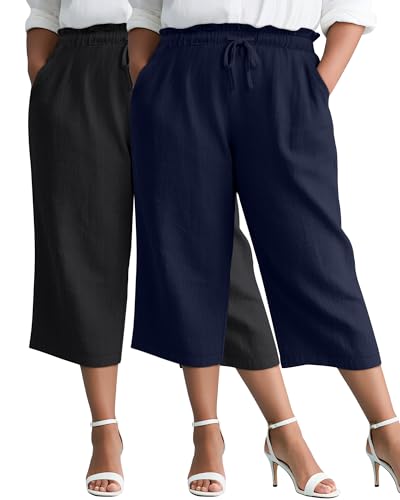 2 Pack Linen Capri Pants for Women L - 5XL Cotton Plus Size High Waist Drawstring Pockets Casual Cropped Trousers