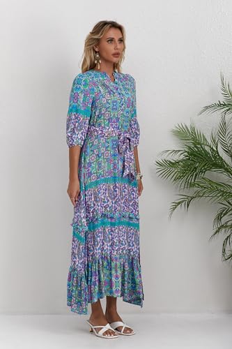 Image of Women Boho High-Waist Floral Print Maxi Dress 3 /4 Sleeve Casual | Soft Rayon, Breathable, Quick-Dry. High-Waist with Adjustable Belt, Flattering Hem. Ideal for Beach, Work & Dating.