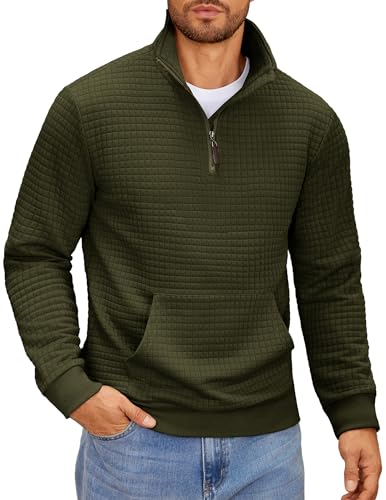 COOFANDY Mens Quarter Zip Sweatshirt Long Sleeve Casual Waffle Pullover Sweatshirt with Pocket Army Green