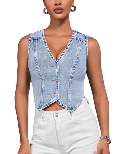 Women's V Neck Asymmetrical Hem Sleeveless Button Front Crop Denim Vest