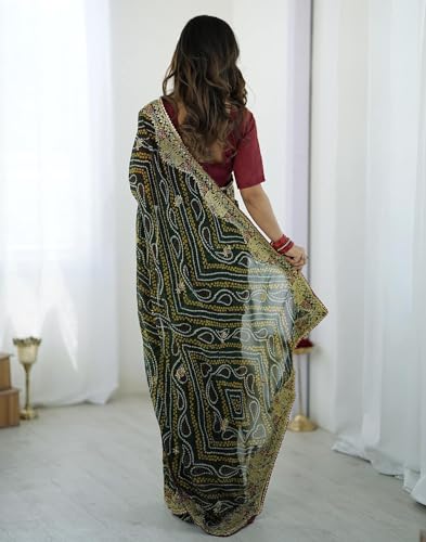 Image of Women's Georgette Bandhani Printed Embroidery Saree with Unstitched Blouse Piece