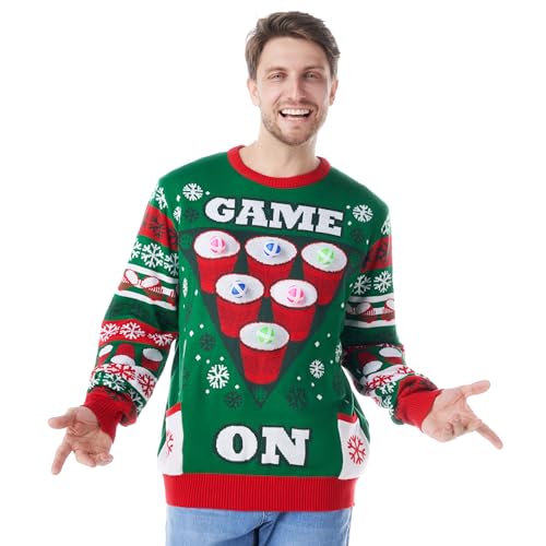 Giggling Getup Divertido suéter feo de Navidad para hombre, suéter feo de Navidad con juego de animadora, suéter feo para hombre, multicolor, multicolor, L