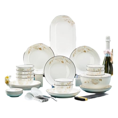 CENIAL 碗?ディナー食器セット 磁器 お皿セット 電子レンジ対応 プレート 健康維持 ボウルスプーン 防熱 表面が明るく お手入れが簡単 碗セット 複数の人が使い 豪華でモダンな 子供用 (10人食【フヨウの花咲く】45点セット-ラウンド)