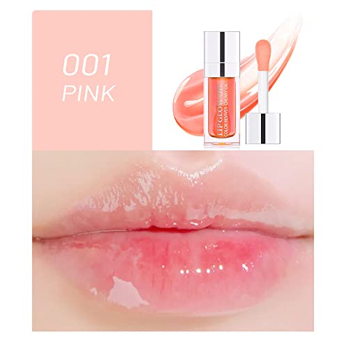 Zarics Plumping Lip Oil, Hydrating Lip Gloss Tinted Lip Balm Lip Care Transparent Toot Lip Oil, Long Lasting Nourishing Lip Glow Oil Non-Sticky Big Brush Glitter Shine Primer Lip Tint (Pink) #TOP1