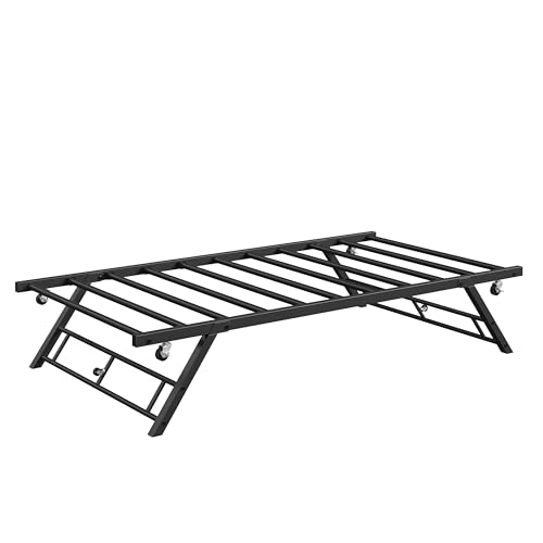 GarveeHome Stand Up Trundle Day Bed, Pop Up Trundle, Twin Trundle Bed Frame Only, Metal Slats Support with Lockable Casters, Black