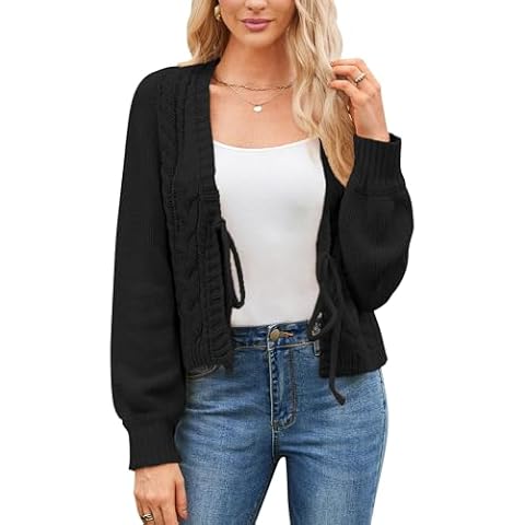 Honwenle Women's Cardigan Sweaters 2024 Oversized Open Front Tie Long Sleeve Short Cardigans Knit Outerwear Fall Outfits Black Cover