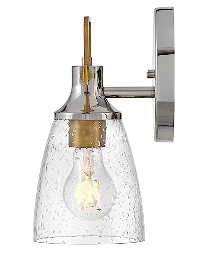 Image of Hinkley Easton 51270PN Single Light Bath Vanity Fixture, Modern Industrial, Clear Seedy Glass Shade, Mounts Up or Down, Polished Nickel and Heritage Brass