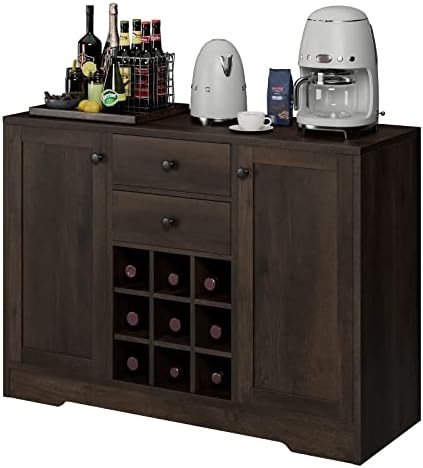 HOSTACK Coffee Bar Cabinet, Modern Farmhouse Buffet Sideboard Cabinet with Storage Drawers and Shelves, Liquor Cabinet with Removable Wine Rack for Kitchen, Dining Room, Living Room, Dark Brown