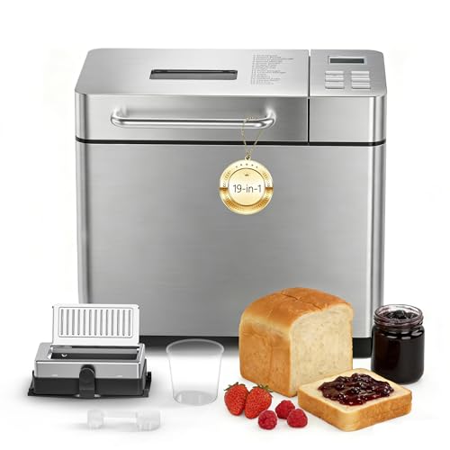 AIRFISH 19 en 1 Panificadora Inteligente con Dispensador Automático de Ingredientes, Panificadora de Pan con Programa Sin Gluten, 1000g/750g/500g, 15H Función Temporizador, Inoxidable