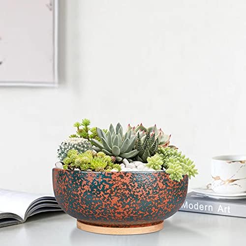 Fivepot 25.5CM large Terracotta Planter Succulent Plant Bowl Deep Flower Pot Indoor and Outdoor Decor Drainage Bamboo Tray