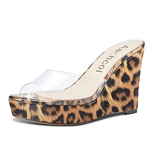 Aachcol Women Platform Sandals Clear Peep Open Toe Slip-on Wedge High Heel Dress Shoes Office Party Wedding Patent 4 Inch