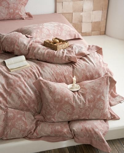 VM VOUGEMARKET Blush Pink Flower Duvet Cover Set Queen,3 Pieces Retro Jacquard Pink Floral Bedding Set,Linen Cotton Yarn-Dyed Textured Duvet Cover with Zipper Closure