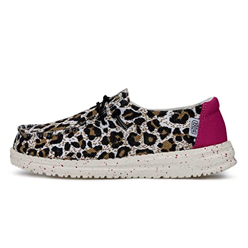 Image of HEYDUDE Wendy Cat (Little Kid /Big Kid) Loafers for Kids - Cotton-Blend Upper - Flex & Fold Technology Cheetah 4 Big Kid M