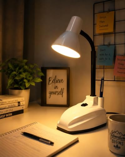 Image of LED White Study Table Lamp with Adjustable Flexible Neck | Metal Desk Lamp for Reading, Study, Work from Home & Office Use | Eye Comfort Lighting for Students