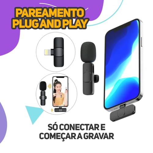 Microfone de Lapela Sem Fio Kit com 2 Peças Compativel Com Iphone e Ipad Redução de Ruído, Grava