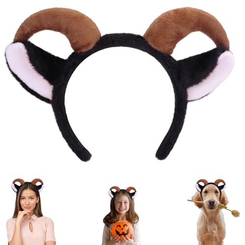 Beviliu Goat Ears Headband with Ram Horns, Animals Ears and Horns Headband, Sheep Ears Custome Lamb Ears Headwear for Halloween Christmas Birthday Party Theme Cosplay, Black