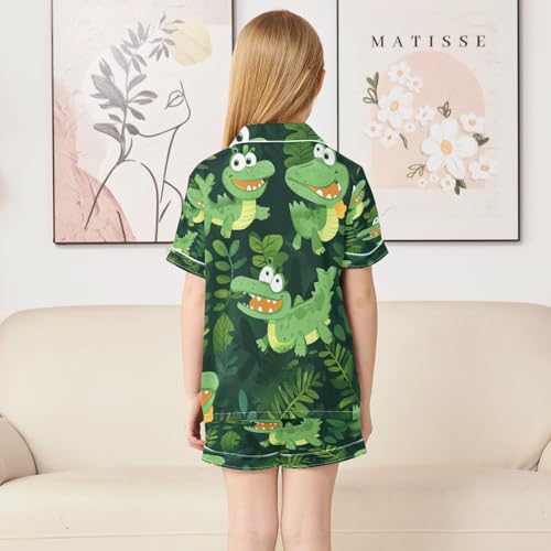 Satin Pajama Sets Short Sleeve Cute Green Crocodile Pattern Button Down Silky Nightwear 2 Piece PJS 5-14Y4