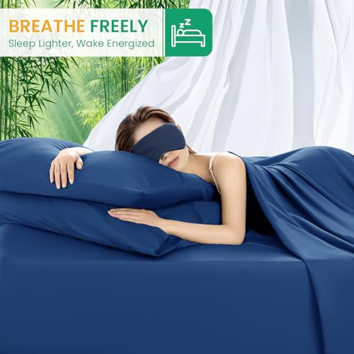 SONORO KATE 100% Viscose Derived from Bamboo_Sheets Queen Size, Ultra Breathable & Cooling Bed Sheets for Hot Sleepers, Hotel Luxury Silky Bedding Sheets, 16" Deep Pocket - 4PC (Navy Blue,Queen)