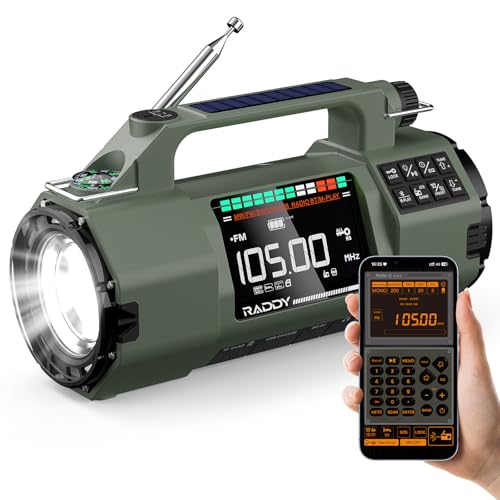 Raddy SH-907 Notfallradio mit APP-Steuerung, Kurbelradio Handkurbe Solar, AM/FM/SW/VHF-Empfänger mit austauschbarer 5000-mAh-Batterie, Taschenlampe, SOS, Kompass für Stromausfälle, Camping, Notfälle