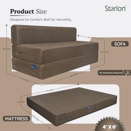 Image of Starlon 2 Seater Sofa Cum Bed Foldable 3-in-1 Sofa Bed with 1 Year Warranty, Washable Jute Fabric Cover & 2 Geometrical Pillows | Guest Bed | Coffee Brown 4x6 Ft