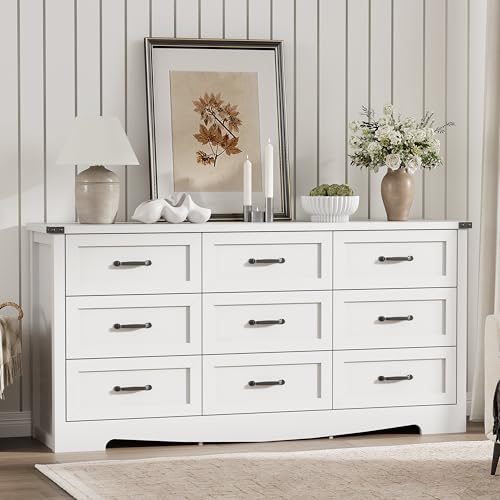 Image of Dresser for Bedroom with 9 Drawers, 59 inch Wide Modern Chest of Drawers with Deep Drawers & Mental Handle, Wood Dresser TV Stand, Wooden Closet Storage Organizer for Living Room, Hallway, Entryway, White