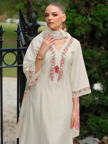 Image of INDO ERA Women's A-Line Cotton Blend Floral Embroidered Kurta & Pant With Dupatta Set (IEOUT11375)