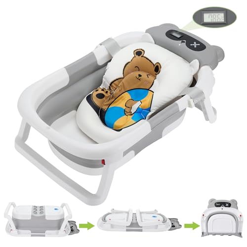 Baignoire pliable pour bébés et tout-petits avec trou de drainage et coussin de bain doux