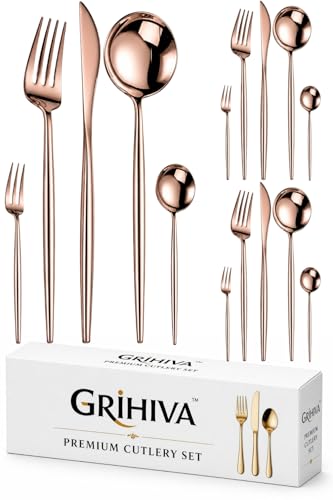 Image of 15 Pcs Rosegold Cutlery Set for Dining Table the Perfect Lightweight Silim Handle Tableware Including Dinner Spoon, Dinner Fork, Dinner Knife, Dessert Spoon & Dessert Fork