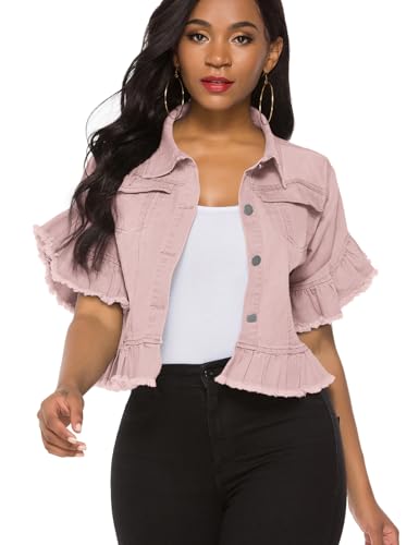 Image of Suvimuga Women's Denim Jacket Button Down Distressed Ruffle Sleeve Crop Jean Jackets Coat
