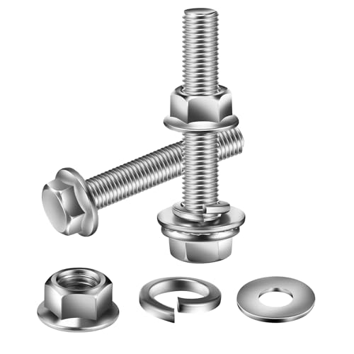 M10 x 25mm Flanged Hex Head Bolts, Nuts, Flat &amp; Lock Washers, 20Pcs 18-8 (304) Stainless Steel, Fully Threaded, by SG TZH