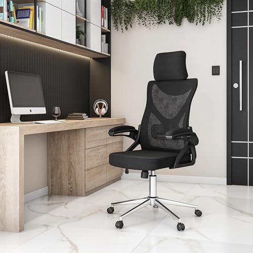 Ergonomic Office Chair with Adjustable Lumbar Support & Headrest, Height Adjustable High Back Mesh Desk Chair with Wheels and Flip Up Arms, Black - Thumbnail 2