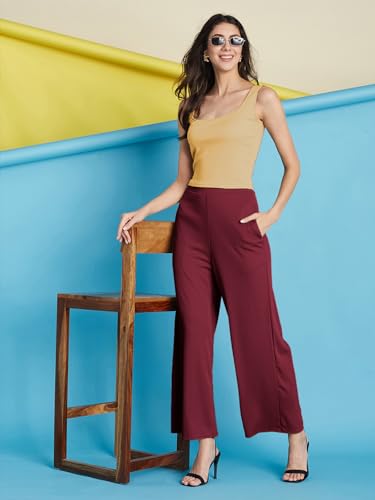 Image of Selvia Women's Solid Ribbed Lycra Elastic Regular Fit Wide-Leg Trouser