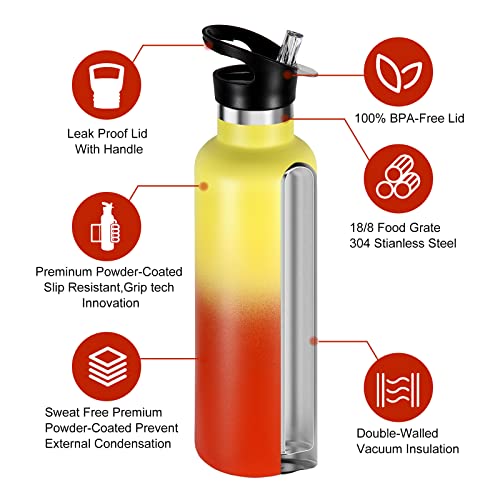 Volhoply 750ml Insulated Water Bottles Bulk 2 Pack,Stainless Steel Double Wall Sport Bottle with Straw Lid,Metal Reusable with Hand Cap for Cyclists,Gift (Yellow-Orange Gradient - Image 3