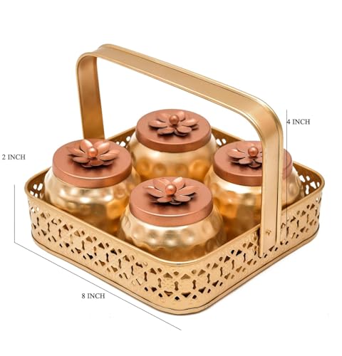Image of Sanvatsar Square Shape Metal Basket with Jar Tray 4 Copper Flower Container Dry Fruits Chocolate Sweets Candys Gifts Set for Office, Home Decor Table Decoration Item (Pack of 4)