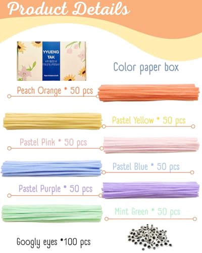 YYUENG TAK 300 Stk Pfeifenreiniger Pastell,Pfeifenputzer zum Basteln mit Wackelaugen,6 Pastellfarben Chenilledrähte 6mm x 30cm,Macaron Pipe Cleaner Basteln set für DIY Handwerksprojekte und Dekorieren