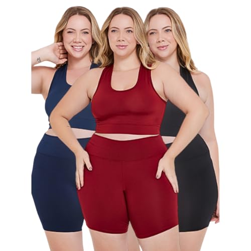 Kit 3 Conjuntos Plus Size Feminino, Academia, Short Cintura Alta e Top Nadador, Suplex (VINHO + PRET