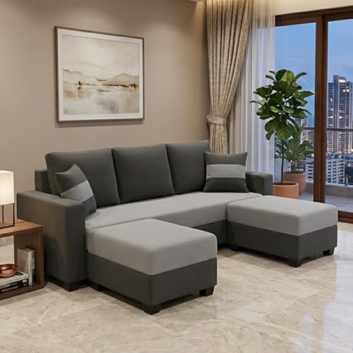 Image of FURNY Aura 5 Seater L Shape Sofa Set with 2 Movable Ottoman | Flexible Left or Right Layout | Plush Velvet Fabric (Light Grey-Dark Grey) | Perfect for Living Room, Guest Room & Office