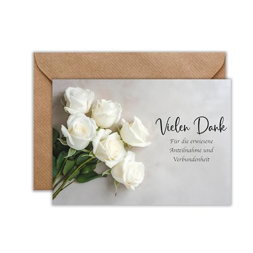 10x Danksagung mit Umschlag - Weiße Rosen Danksagungskarten mit Umschlag - Trauerkarte Klappkarte (DIN A6)