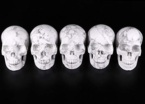 Skullis 5.0" Howlite Crystal Skull, Hand Carved Gemstone Fine Art Sculpture, Reiki Healing Stone Statue. #TOP6