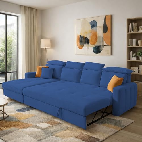 Image of Casaliving Gagnon LHS 6 Seater L Shape Corner Sofa Cum Bed for Living Room (Blue Fabric) Premium Fabric Sofa