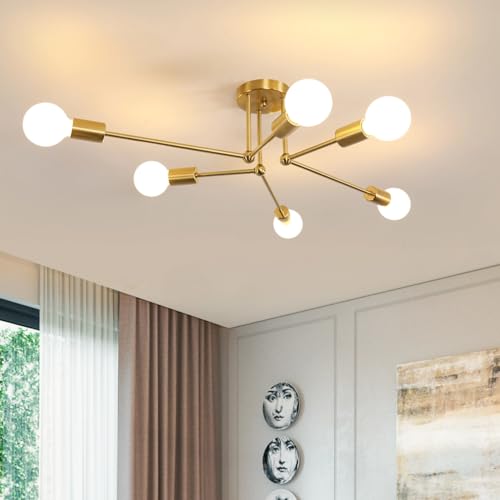 Comely Lámpara de Araña Sputnik Moderno, 6 Luces E27 Lámpara de Techo Industriales Dorada, Plafon de Techo Vintage con Base E27 para Sala de Estar, Dormitorio, Comedor, Diámetro 70cm (sin Bombilla)