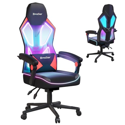 Bestier Gamer Chair with RGB LED Lights, Breathable Fabric LED Gamer Chair with Pocket Spring Cushion and Linkage Armrests, Gaming Chairs for Adults with Adjustable Lumbar Support(Black Red)