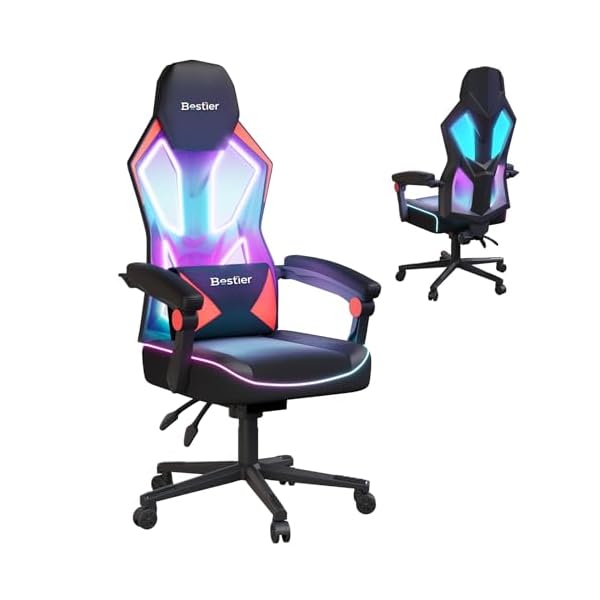 Bestier Gamer Chair with RGB LED Lights, Breathable Fabric LED Gamer Chair with Pocket Spring Cushion and Linkage Armrests, Gaming Chairs for Adults with Adjustable Lumbar Support(Black Red)