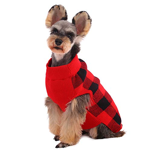 Kuoser Dog Sweater, Dog Classic Plaid Knitwear for Cold Weather Small Medium Sized Dog Turtleneck Pet Christmas Clothes Cozy Doggie Vest Dog Winter Coat Costume XS