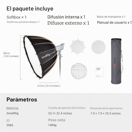 Miniatura 7 de Smallrig Softbox Parabolic Ra-D85 , 85cm 33,5 Rejilla De Liberación Rápida Softbox Con Sistema De Montaje Bowens Para Smallrig Rc 120d Rc 120b Rc 220d Rc 220b Y Otras Lámparas De Montaje Bowens -
