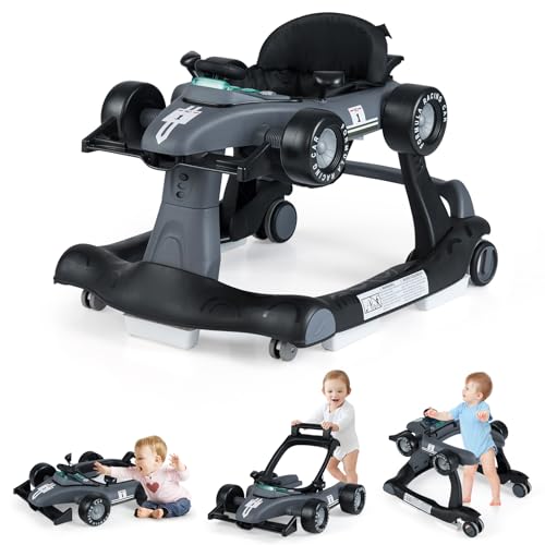 Image of GLACER Foldable Baby Walker, 4-in-1 Infant Walker with Adjustable Height & Speed, Music, Light, Steering Wheel & Washable Cushion, Baby Walker Activity Center for Boys Girls 6 -18 Months (Gray)