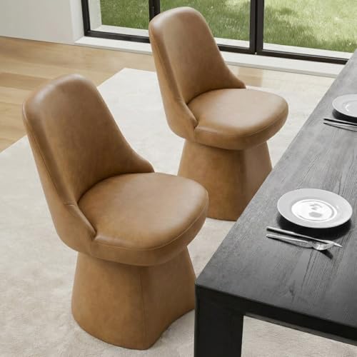 Image of KISLOT Swivel Dining Chairs Set of 2, Upholstered Mid Century Modern Deskchair with High Back, Faux Leather Kitchen Chairs for Dining Room, Bedroom, Dressing Room, Brown